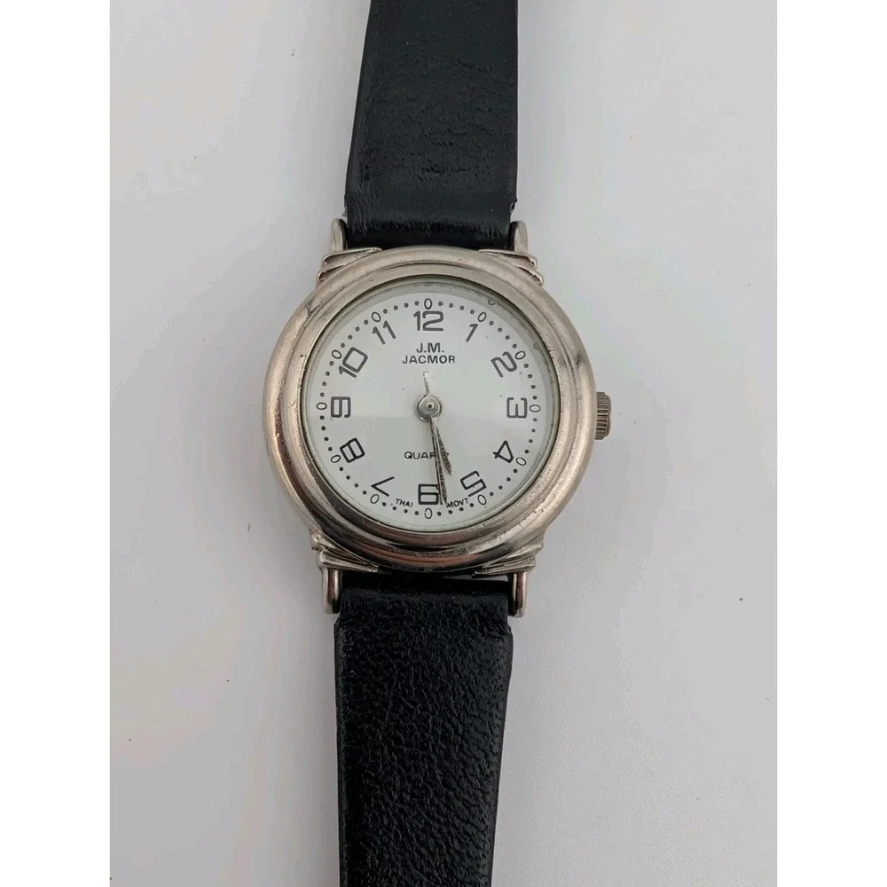J.M. Jacmor Watch Women 24mm Silver‎ Case Black Leather Band- New Battery